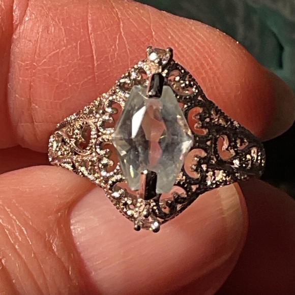 Aquamarine Coffin Cut .925 Silver Filigree Ring - Picture 2 of 6